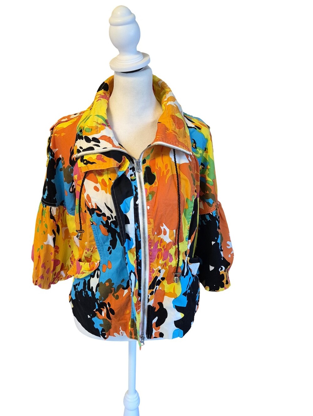 Just B Vibrant Multicolor Splash Zip-Front Jacket - Women's Orange Blue Print